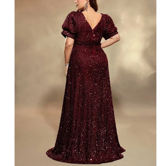 Plus Sequin Puff Sleeve High Waisted Party Formal Wedding Dress - Picture 4 of 9